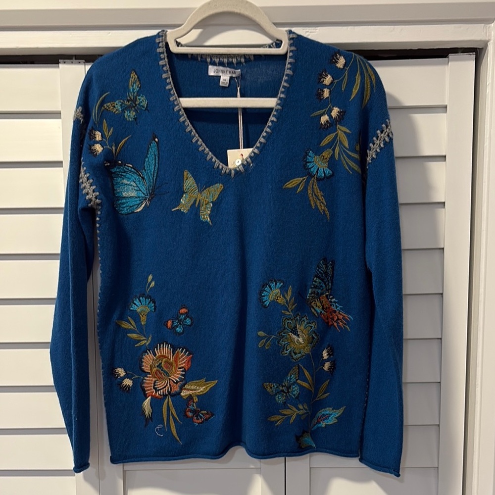 Johnny Was NWT Teal V-Neck Sweater with Butterfly Embroidery